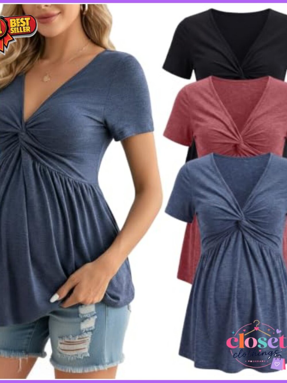 3 Pack V Neck Front Knotted Maternity Tops Short Sleeve Ruched Pregnancy Tunic
